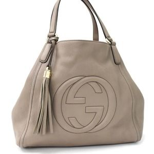 Gucci Handbag Tote Soho Fringe Tassel Leather Greige